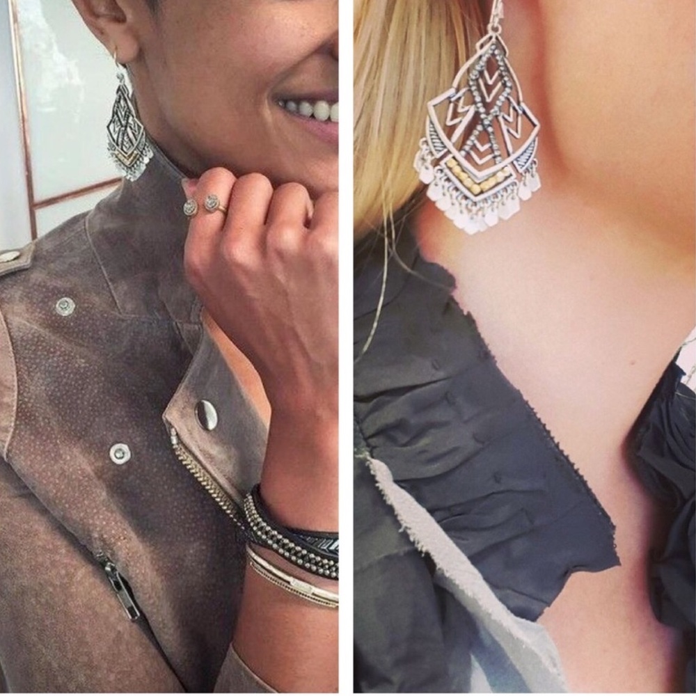 Stella & Dot ‘Retired’ Silver+Gold Shimmering Disc Etoile Chandelier Earrings - Picture 3 of 6
